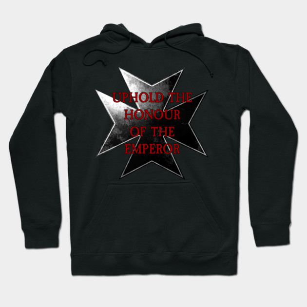 Black hoodie with red text "Uphold the Honour of the Emperor" and metallic star design, casual cotton blend sweatshirt.