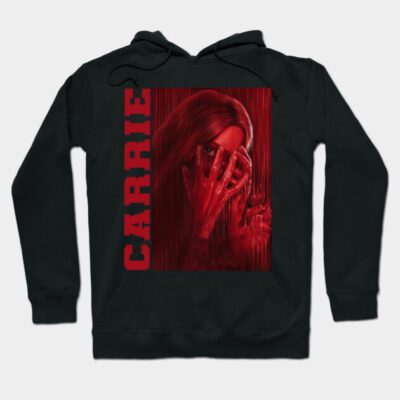 Black hoodie with red graphic design, "Carrie" text, horror-themed style, comfortable cotton blend, casual wear.