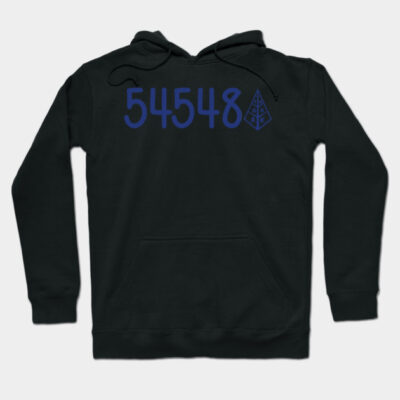 Black hoodie with blue "54548" design, front pocket, drawstring hood, casual wear, cotton blend material.