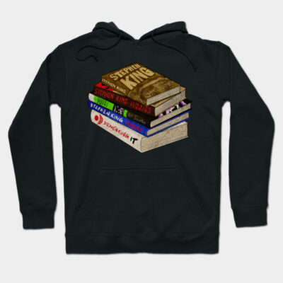 Black hoodie featuring stack of colorful books, casual style, cotton blend, perfect for book lovers and cozy wear.