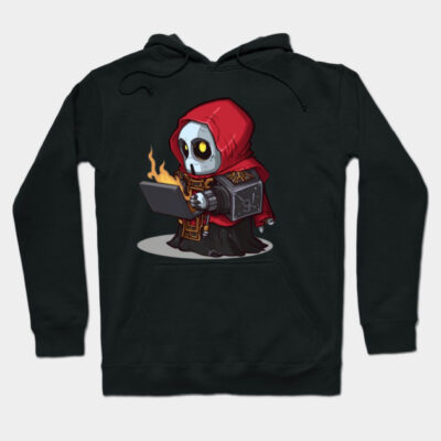 Black hoodie with cute skeleton wizard design, red hood, and spellbook. Cozy cotton blend for casual wear.