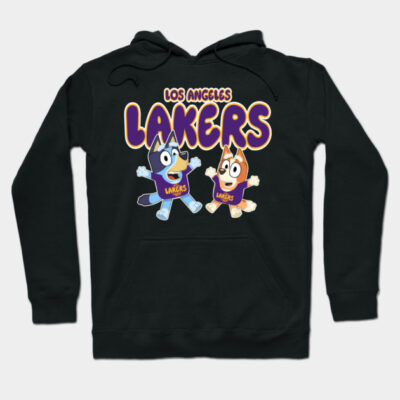 Black Los Angeles Lakers hoodie with cartoon characters, unisex design, cozy cotton blend, perfect for casual wear.