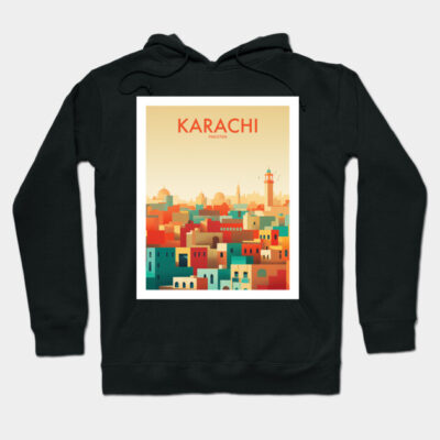 Black hoodie with colorful Karachi cityscape design, ideal for casual wear, made of soft cotton blend material.