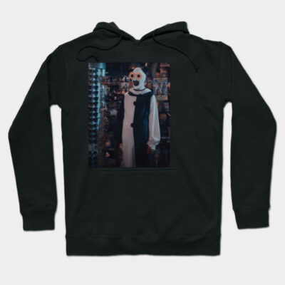 Black hoodie featuring a unique clown design, perfect for casual wear, made from soft cotton fabric for comfort.