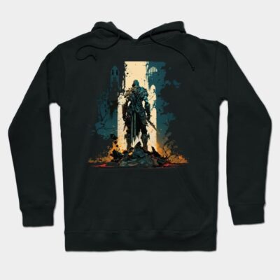 Black graphic hoodie featuring a fantasy warrior design, perfect for casual wear, made from soft cotton blend.