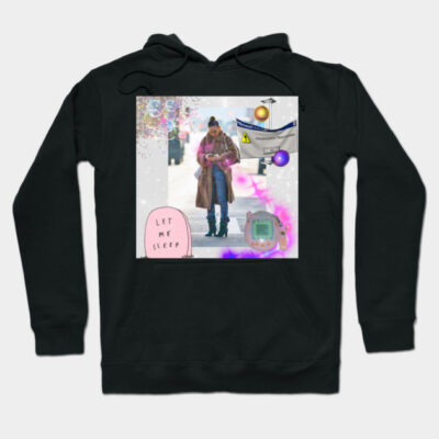 Black hoodie with abstract collage print, featuring colorful graphics and "Let Me Sleep" text, casual wear.