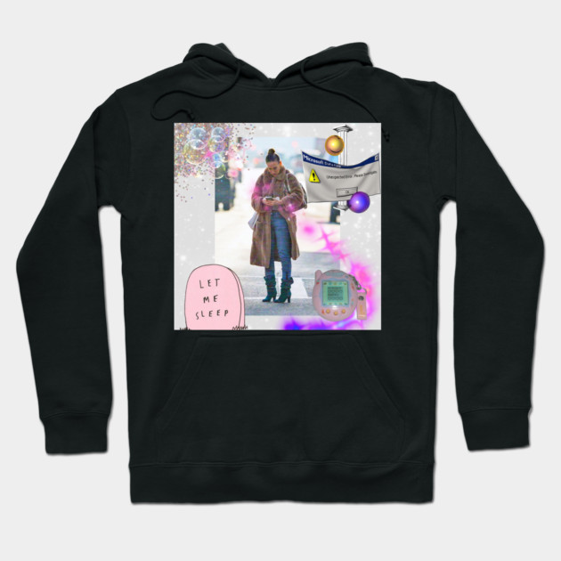Black hoodie with abstract collage print, featuring colorful graphics and "Let Me Sleep" text, casual wear.