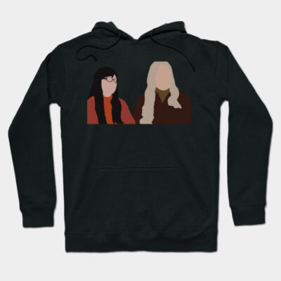 Black hoodie with abstract graphic design, featuring two figures, casual style, cotton blend material.