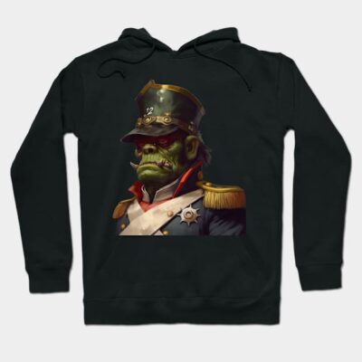 Black hoodie featuring a military-style orc design, perfect for casual wear, made from soft cotton blend material.