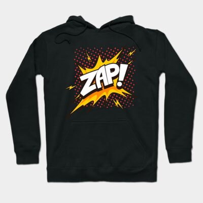Black hoodie with bold comic-style "Zap!" graphic print, featuring vibrant yellow and red accents, casual wear.