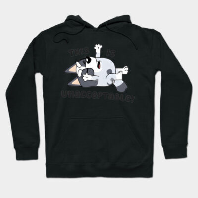 Black hoodie with cartoon graphic and text "This is Unacceptable," featuring a playful design, perfect for casual wear.