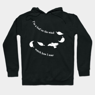 Black hoodie with white text and leaf design, featuring "I'm a leaf on the wind" quote, perfect for casual wear.