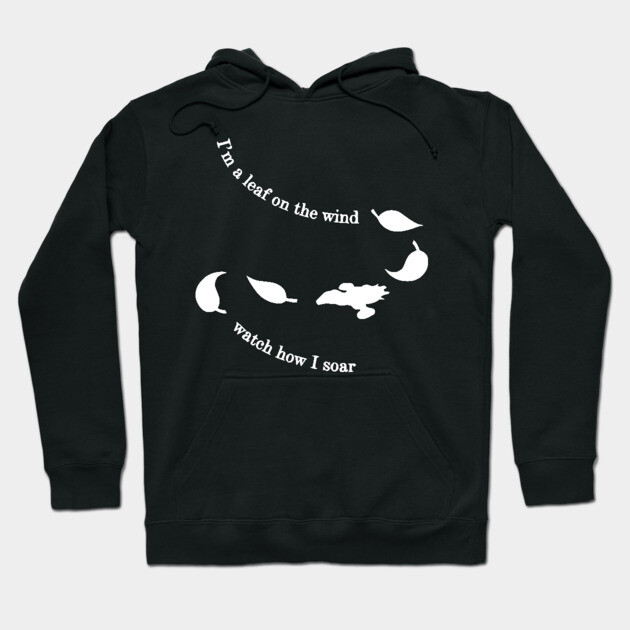 Black hoodie with white text and leaf design, featuring "I'm a leaf on the wind" quote, perfect for casual wear.