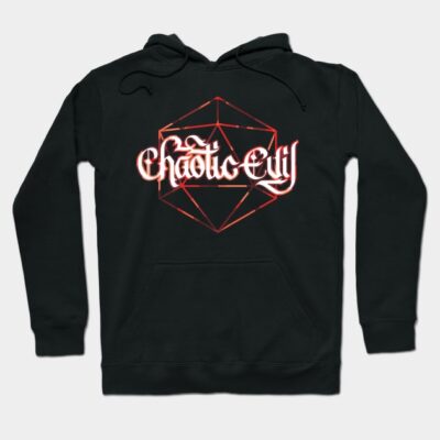 Black hoodie with "Chaotic Evil" text and geometric design, perfect for casual wear. Comfortable and stylish cotton blend.