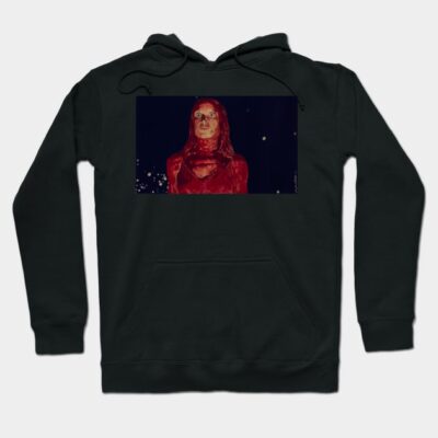 Black hoodie with red graphic design, featuring a unique art style. Cozy cotton blend, perfect for casual wear.