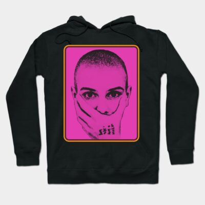 Black hoodie with bold pink portrait design, long sleeves, cotton blend, casual wear, unisex style.
