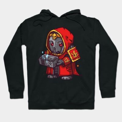 Black hoodie with red-robed character design, featuring skull and book details. Perfect for casual wear or gifting.