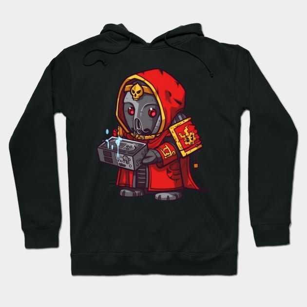 Black hoodie with red-robed character design, featuring skull and book details. Perfect for casual wear or gifting.