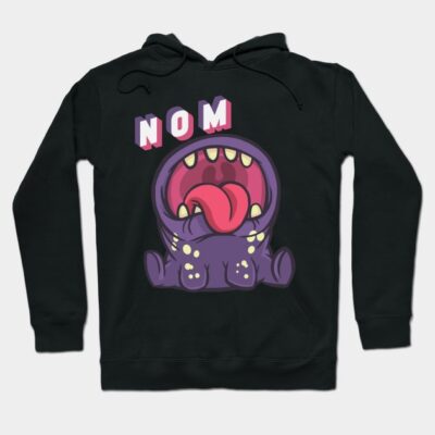 Black hoodie with playful purple monster graphic and "Nom" text, perfect for casual wear and cozy comfort.