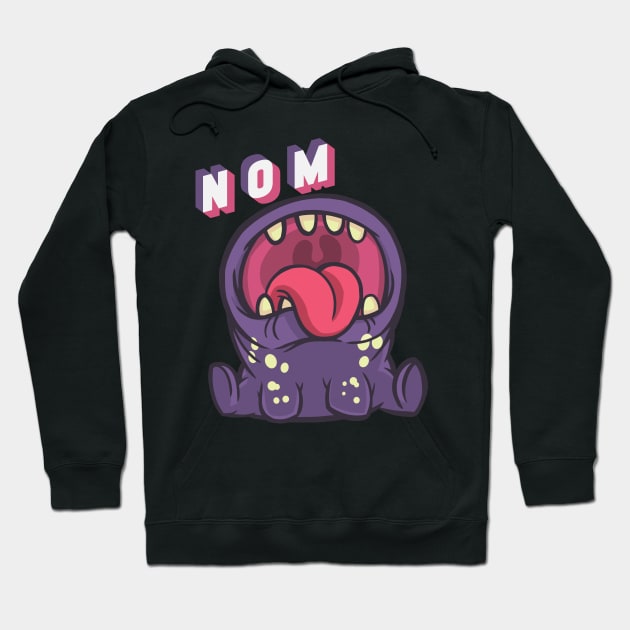 Black hoodie with playful purple monster graphic and "Nom" text, perfect for casual wear and cozy comfort.