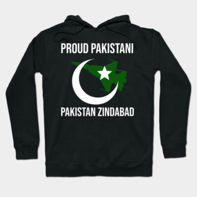 Black hoodie with "Proud Pakistani" text, crescent and star graphic, cozy cotton material, casual wear.
