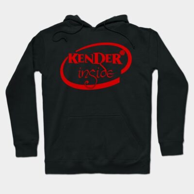 Black hoodie with red "Kender Inside" logo, featuring a drawstring hood and front pocket, ideal for casual wear.