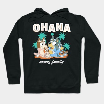 Black hoodie with "Ohana means family" print, featuring cartoon dogs and palm trees, casual wear, cotton blend.