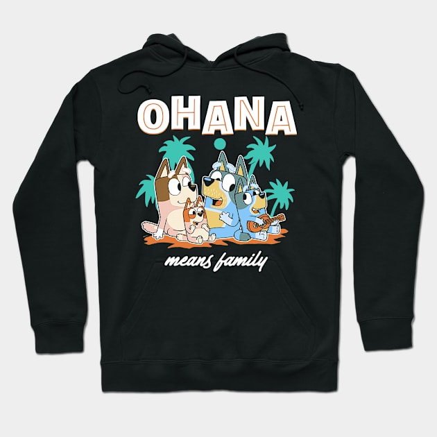 Black hoodie with "Ohana means family" print, featuring cartoon dogs and palm trees, casual wear, cotton blend.