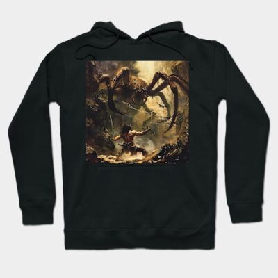 Black pullover hoodie with fantasy spider design, cotton blend, casual style for everyday wear.