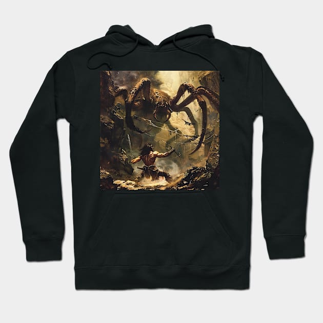 Black pullover hoodie with fantasy spider design, cotton blend, casual style for everyday wear.