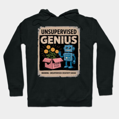 Black "Unsupervised Genius" hoodie with retro robot design, floral motif, and creative theme. Perfect for casual wear.