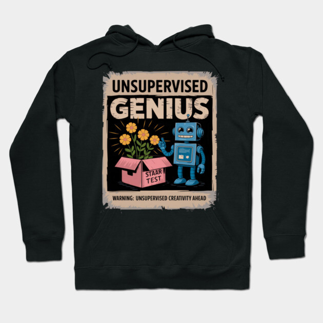 Black "Unsupervised Genius" hoodie with retro robot design, floral motif, and creative theme. Perfect for casual wear.