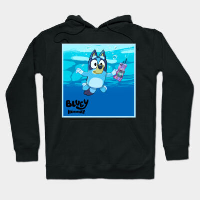 Black hoodie featuring a playful blue cartoon dog design, perfect for casual wear and fans of animated characters.