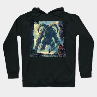 Black graphic hoodie featuring a fantasy monster design, perfect for casual wear. Cozy cotton blend material.