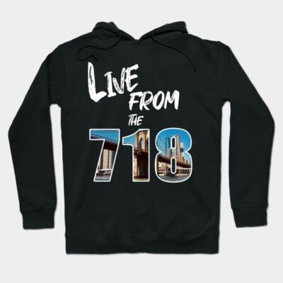 Black hoodie with "Live From The 718" graphic, featuring urban bridge design, comfortable cotton blend, casual streetwear.