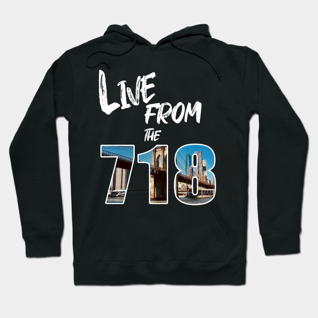 Black hoodie with "Live From The 718" graphic, featuring urban bridge design, comfortable cotton blend, casual streetwear.