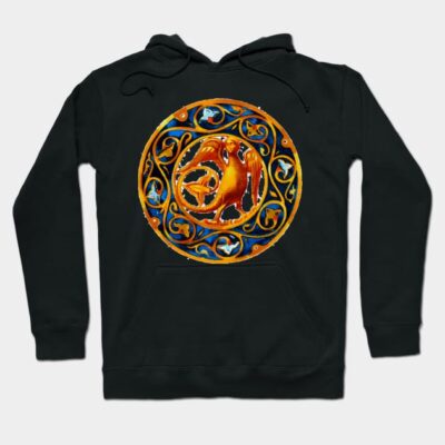Black hoodie with vibrant orange and blue abstract design, featuring a circular pattern. Ideal for casual wear.