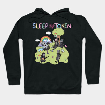 Black hoodie with colorful graphic design featuring whimsical characters and nature theme, cozy casual wear.