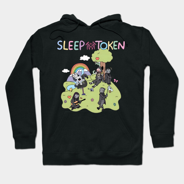 Black hoodie with colorful graphic design featuring whimsical characters and nature theme, cozy casual wear.