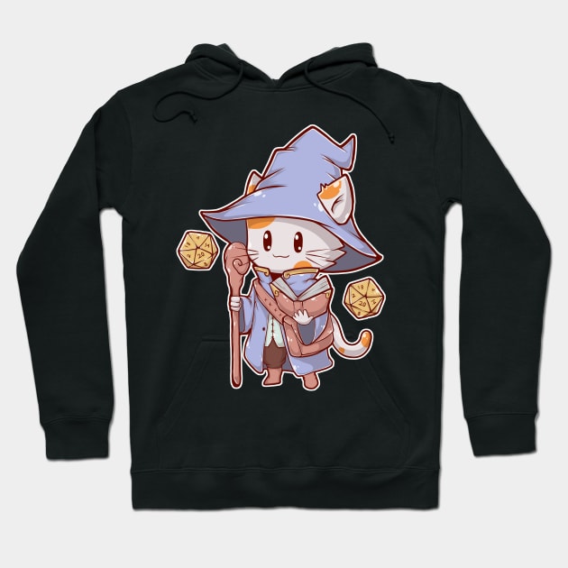 Black hoodie with cute wizard cat illustration, featuring a blue cloak and staff, perfect for casual wear.