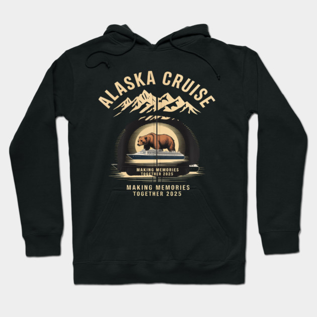 Black Alaska Cruise hoodie with bear and mountain design, cotton blend, warm and stylish for 2025 adventures.
