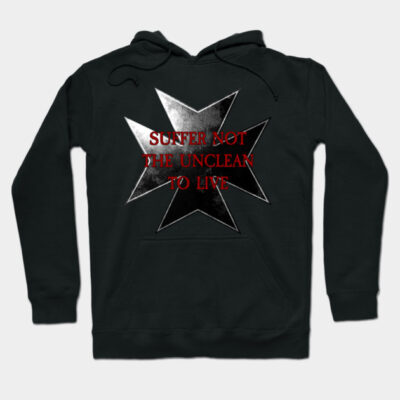 Black hooded sweatshirt with silver star and red text design, cozy cotton material, ideal for casual wear and comfort.