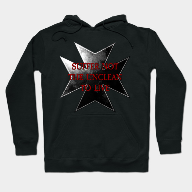 Black hooded sweatshirt with silver star and red text design, cozy cotton material, ideal for casual wear and comfort.