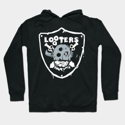 Black graphic hoodie with "Looters" design, featuring a skull motif. Casual style, perfect for everyday wear. Cotton fabric.