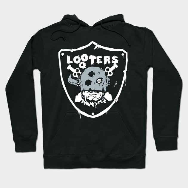 Black graphic hoodie with "Looters" design, featuring a skull motif. Casual style, perfect for everyday wear. Cotton fabric.
