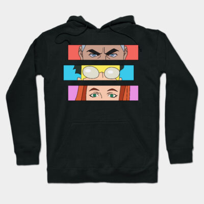 Black graphic hoodie with colorful cartoon eyes design, casual style, perfect for everyday wear, soft cotton material.