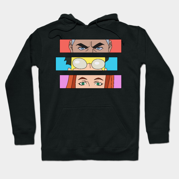 Black graphic hoodie with colorful cartoon eyes design, casual style, perfect for everyday wear, soft cotton material.