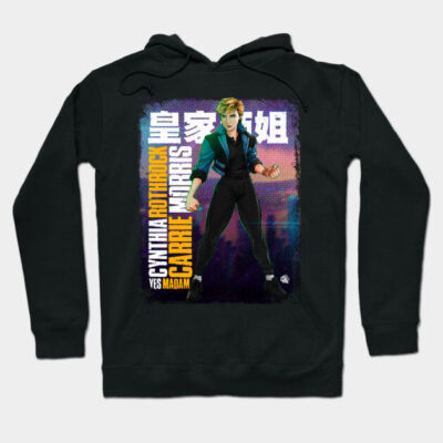 Black hoodie with vibrant graphic design featuring text and illustration, casual wear, cotton blend material.