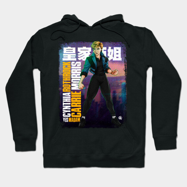 Black hoodie with vibrant graphic design featuring text and illustration, casual wear, cotton blend material.