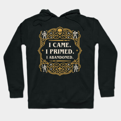Black hooded sweatshirt with gold and white graphic text design, ideal for casual wear. Cotton blend material.